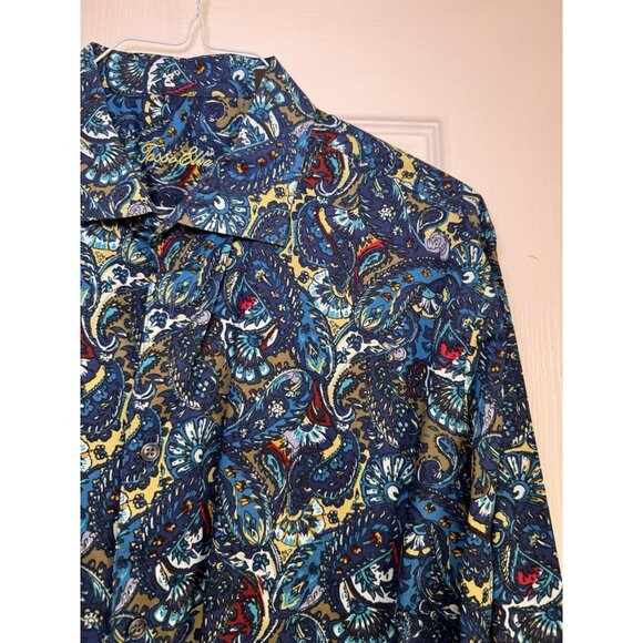 Tasso Elba Mens XXL Paisley Button Up Shirt Blue Tan Cotton Long Sleeve - Picture 2 of 7